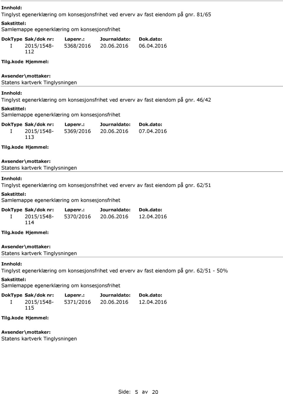 2016 Tinglyst egenerklæring om konsesjonsfrihet ved erverv av fast eiendom på gnr. 62/51 114 5370/2016 12.04.