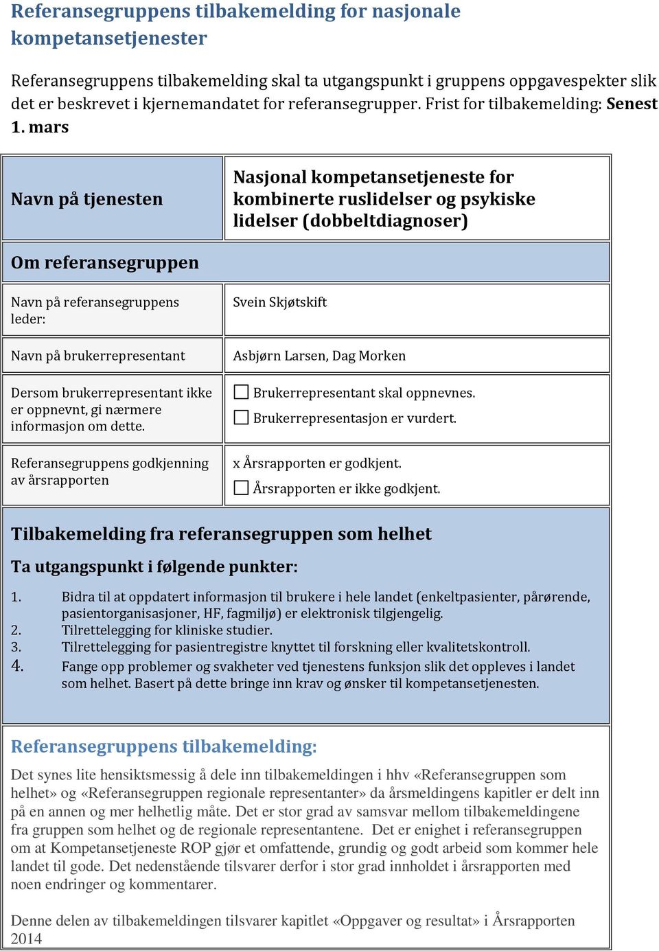 mars Navn på tjenesten Nasjonal kompetansetjeneste for kombinerte ruslidelser og psykiske lidelser (dobbeltdiagnoser) Om referansegruppen Navn på referansegruppens leder: Navn på brukerrepresentant