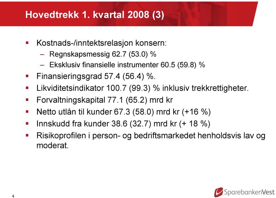 7 (99.3) % inklusiv trekkrettigheter. Forvaltningskapital 77.1 (65.2) mrd kr Netto utlån til kunder 67.3 (58.