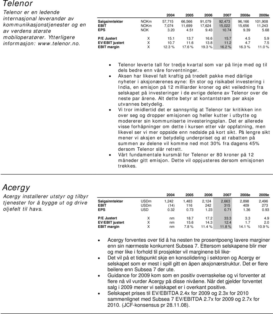 0 % Telenor leverte tall for tredje kvartal som var på linje med og til dels bedre enn våre forventninger.