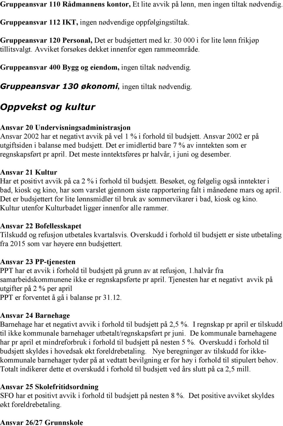 Gruppeansvar 130 økonomi, ingen tiltak nødvendig. Oppvekst og kultur Ansvar 20 Undervisningsadministrasjon Ansvar 2002 har et negativt avvik på vel 1 % i forhold til budsjett.