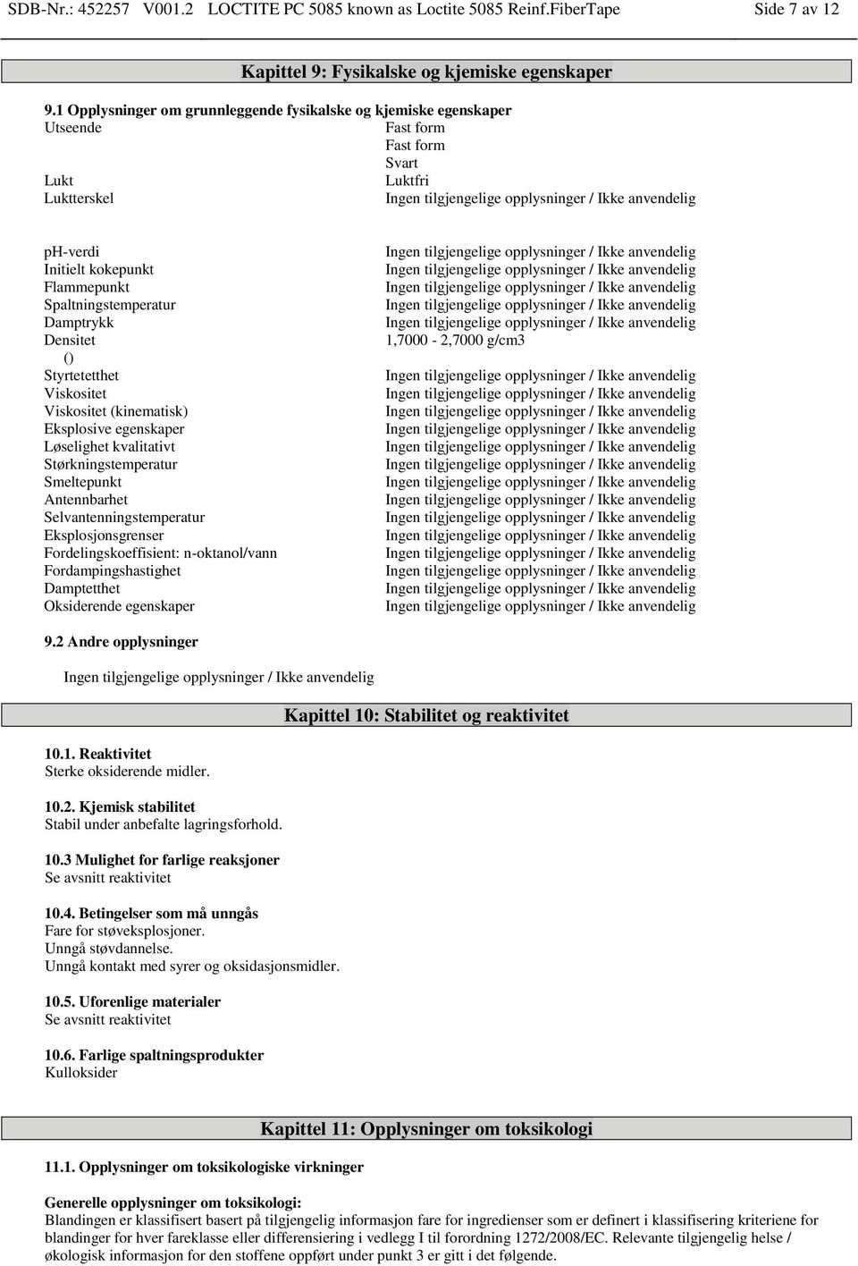 Densitet () Styrtetetthet Viskositet Viskositet (kinematisk) Eksplosive egenskaper Løselighet kvalitativt Størkningstemperatur Smeltepunkt Antennbarhet Selvantenningstemperatur Eksplosjonsgrenser