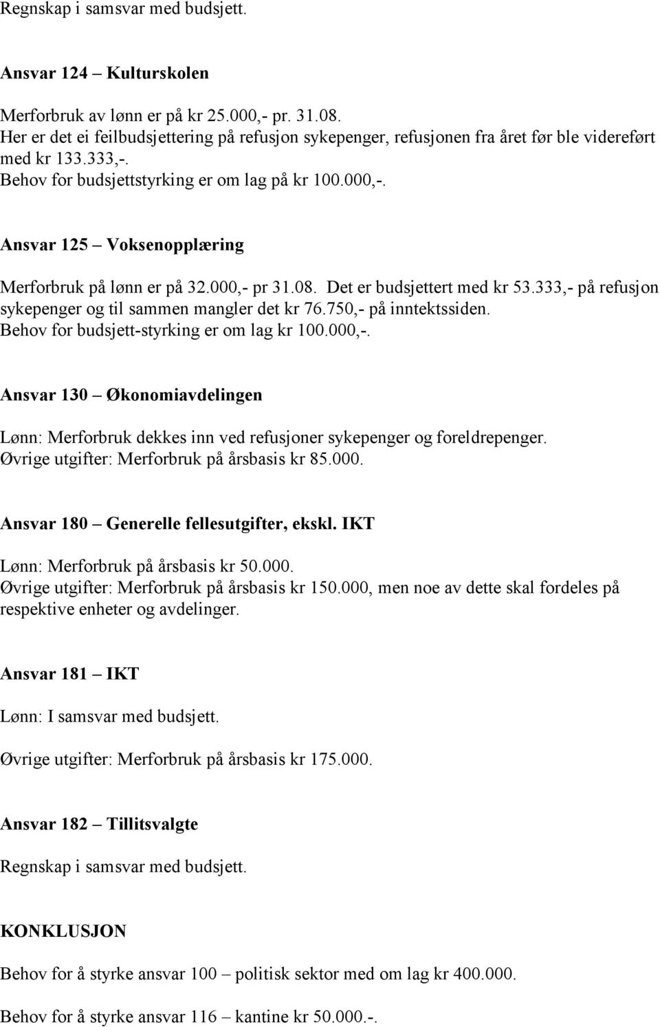 Ansvar 125 Voksenopplæring Merforbruk på lønn er på 32.000,- pr 31.08. Det er budsjettert med kr 53.333,- på refusjon sykepenger og til sammen mangler det kr 76.750,- på inntektssiden.