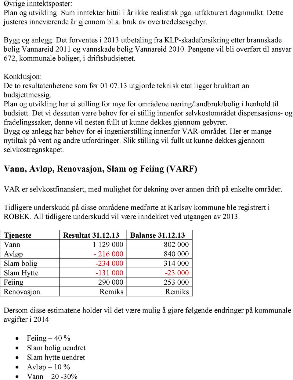 Pengene vil bli overført til ansvar 672, kommunale boliger, i driftsbudsjettet. Konklusjon: De to resultatenhetene som før 01.07.13 utgjorde teknisk etat ligger brukbart an budsjettmessig.