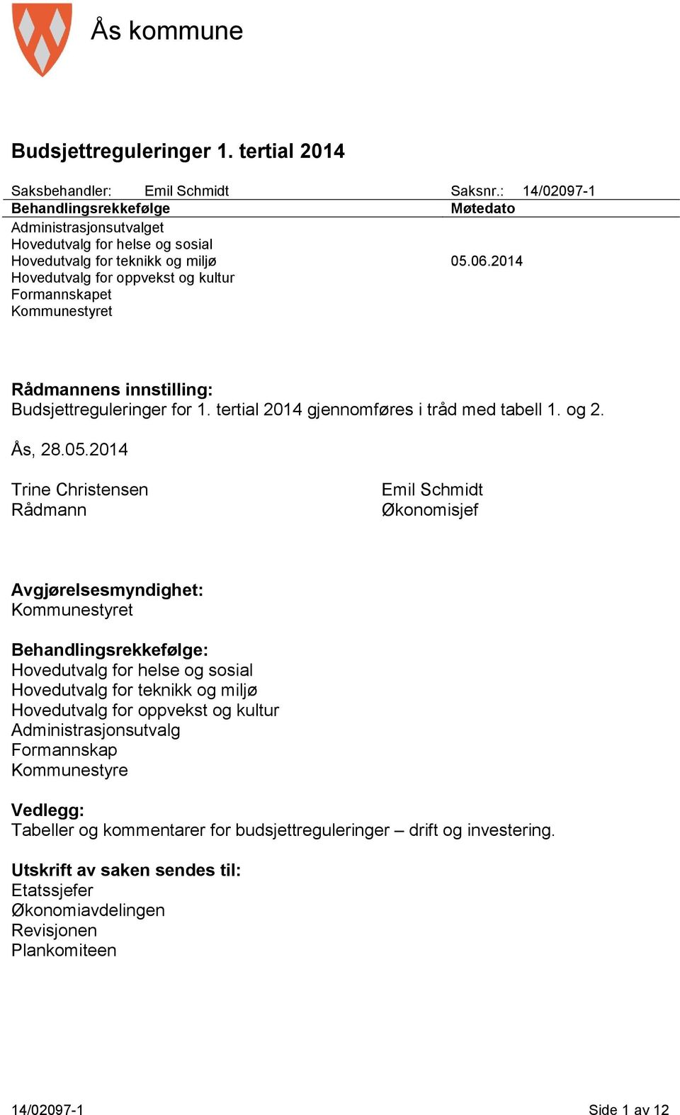 2014 Hovedutvalg for oppvekst og kultur Formannskapet Kommunestyret Rådmannens innstilling: Budsjettreguleringer for 1. tertial 2014 gjennomføres i tråd med tabell 1. og 2. Ås, 28.05.