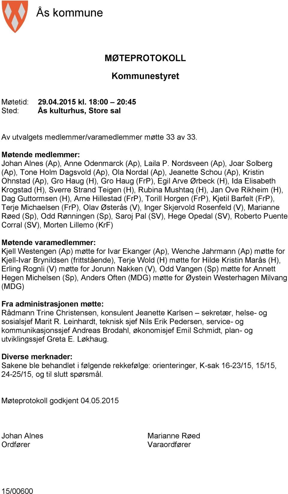 Nordsveen (Ap), Joar Solberg (Ap), Tone Holm Dagsvold (Ap), Ola Nordal (Ap), Jeanette Schou (Ap), Kristin Ohnstad (Ap), Gro Haug (H), Gro Haug (FrP), Egil Arve Ørbeck (H), Ida Elisabeth Krogstad (H),