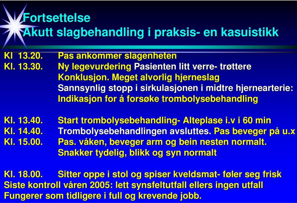 Meget alvorlig hjerneslag Sannsynlig stopp i sirkulasjonen i midtre hjernearterie: Indikasjon for å forsøke trombolysebehandling Start trombolysebehandling- Alteplase i.