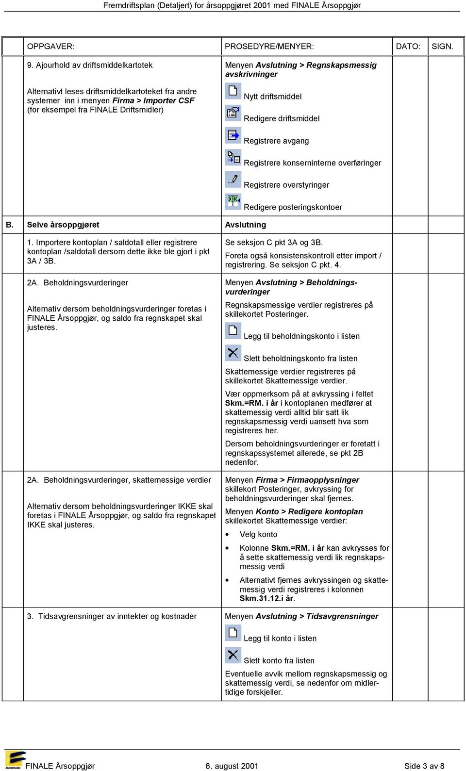 Selve årsoppgjøret Avslutning Redigere posteringskontoer 1. Importere kontoplan / saldotall eller registrere kontoplan /saldotall dersom dette ikke ble gjort i pkt 3A / 3B. 2A.