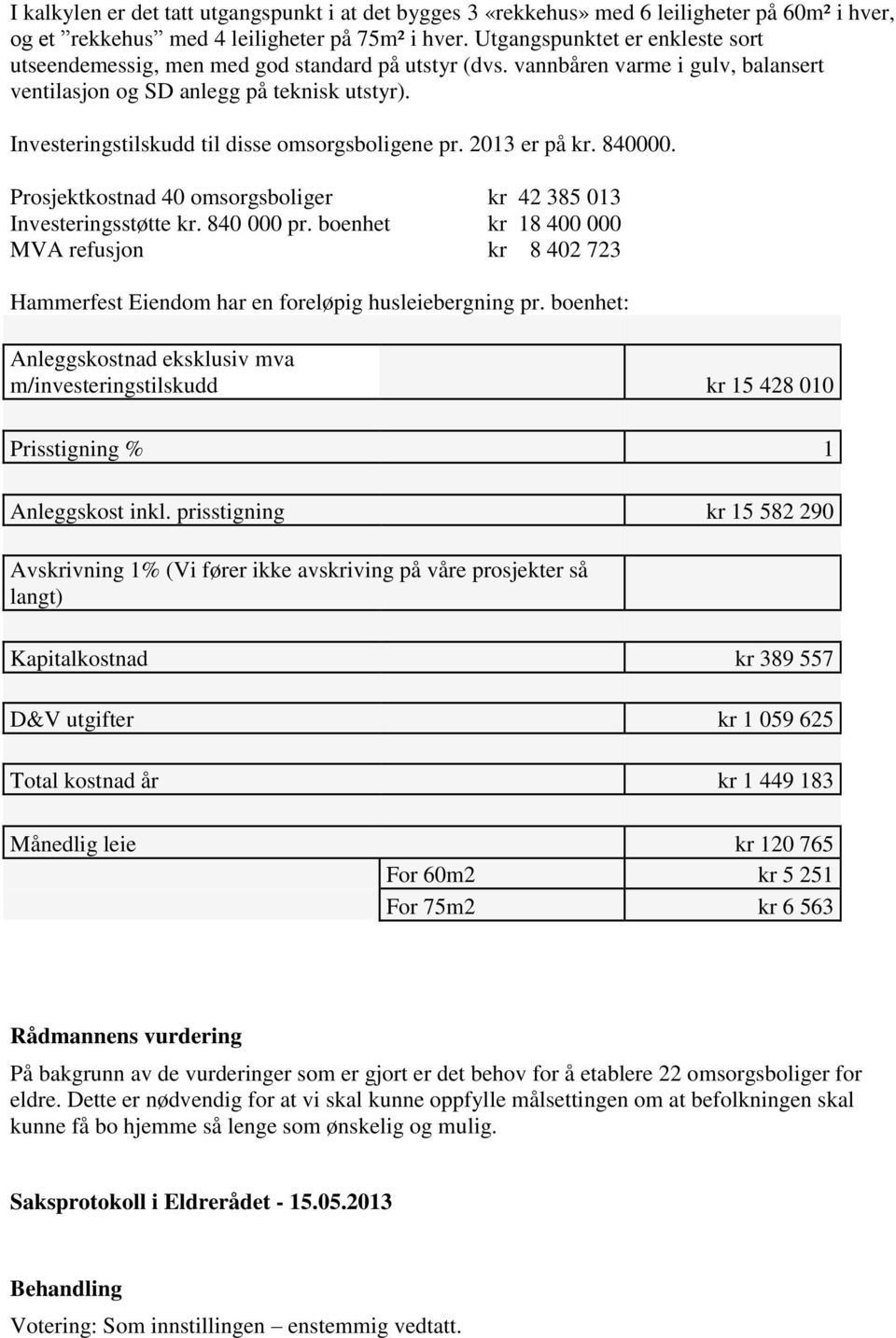 Investeringstilskudd til disse omsorgsboligene pr. 2013 er på kr. 840000. Prosjektkostnad 40 omsorgsboliger kr 42 385 013 Investeringsstøtte kr. 840 000 pr.