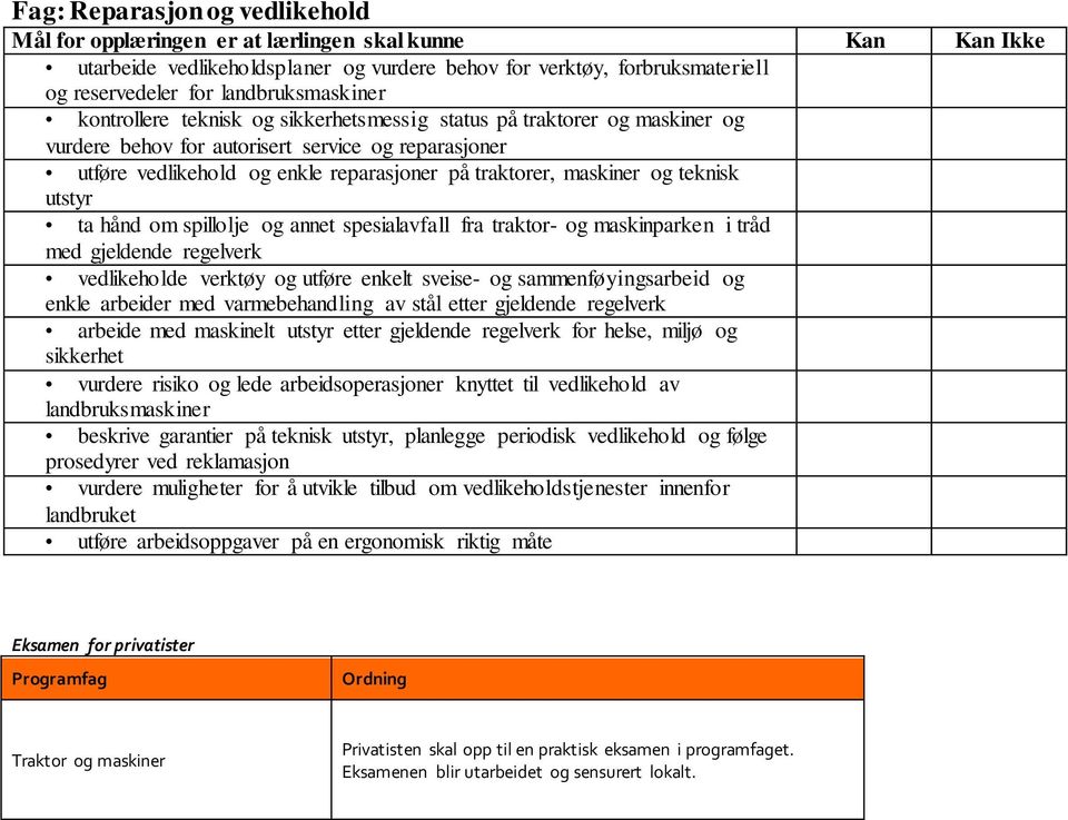 traktorer, maskiner og teknisk utstyr ta hånd om spillolje og annet spesialavfall fra traktor- og maskinparken i tråd med gjeldende regelverk vedlikeholde verktøy og utføre enkelt sveise- og