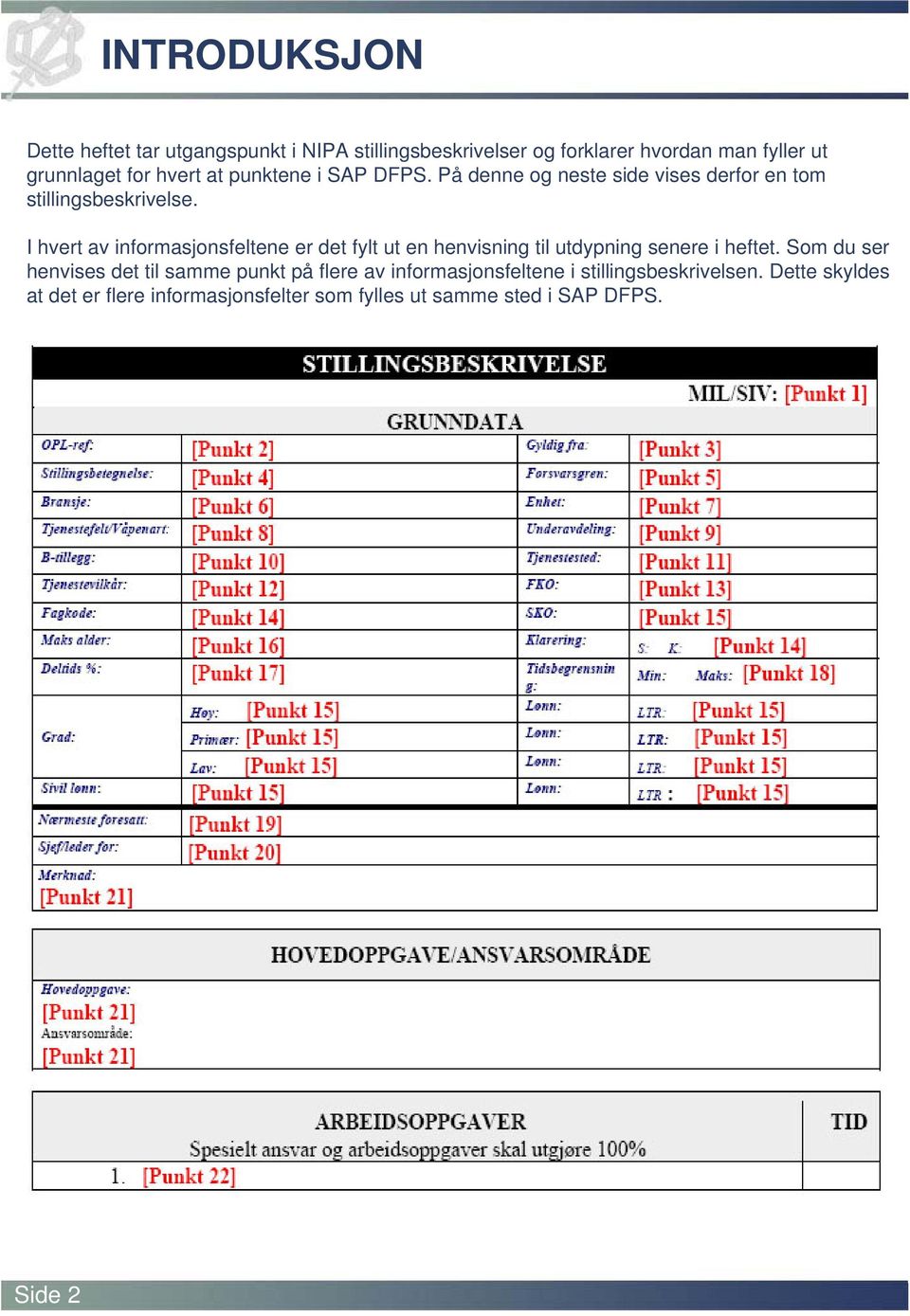 I hvert av informasjonsfeltene er det fylt ut en henvisning til utdypning senere i heftet.