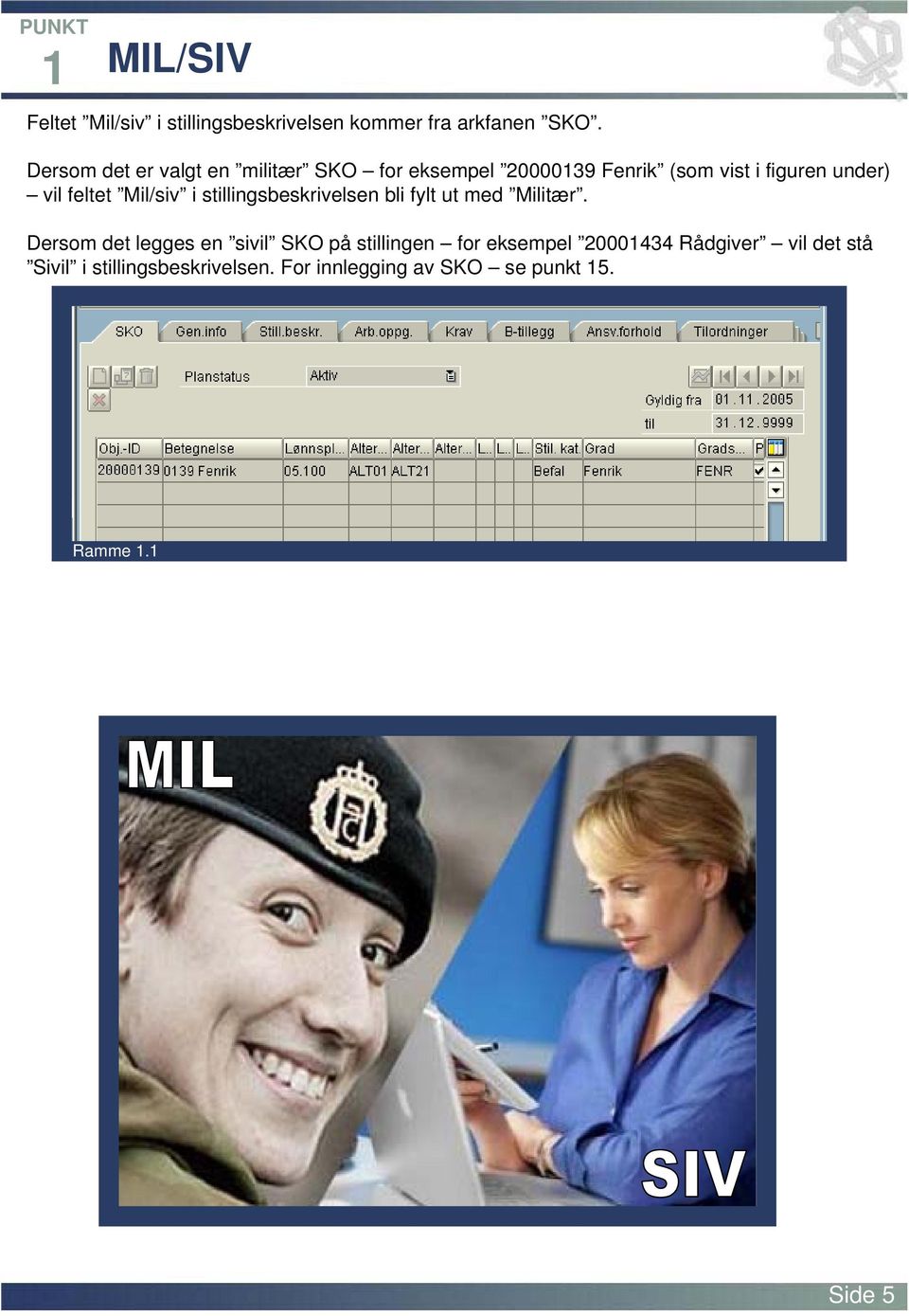 feltet Mil/siv i stillingsbeskrivelsen bli fylt ut med Militær.