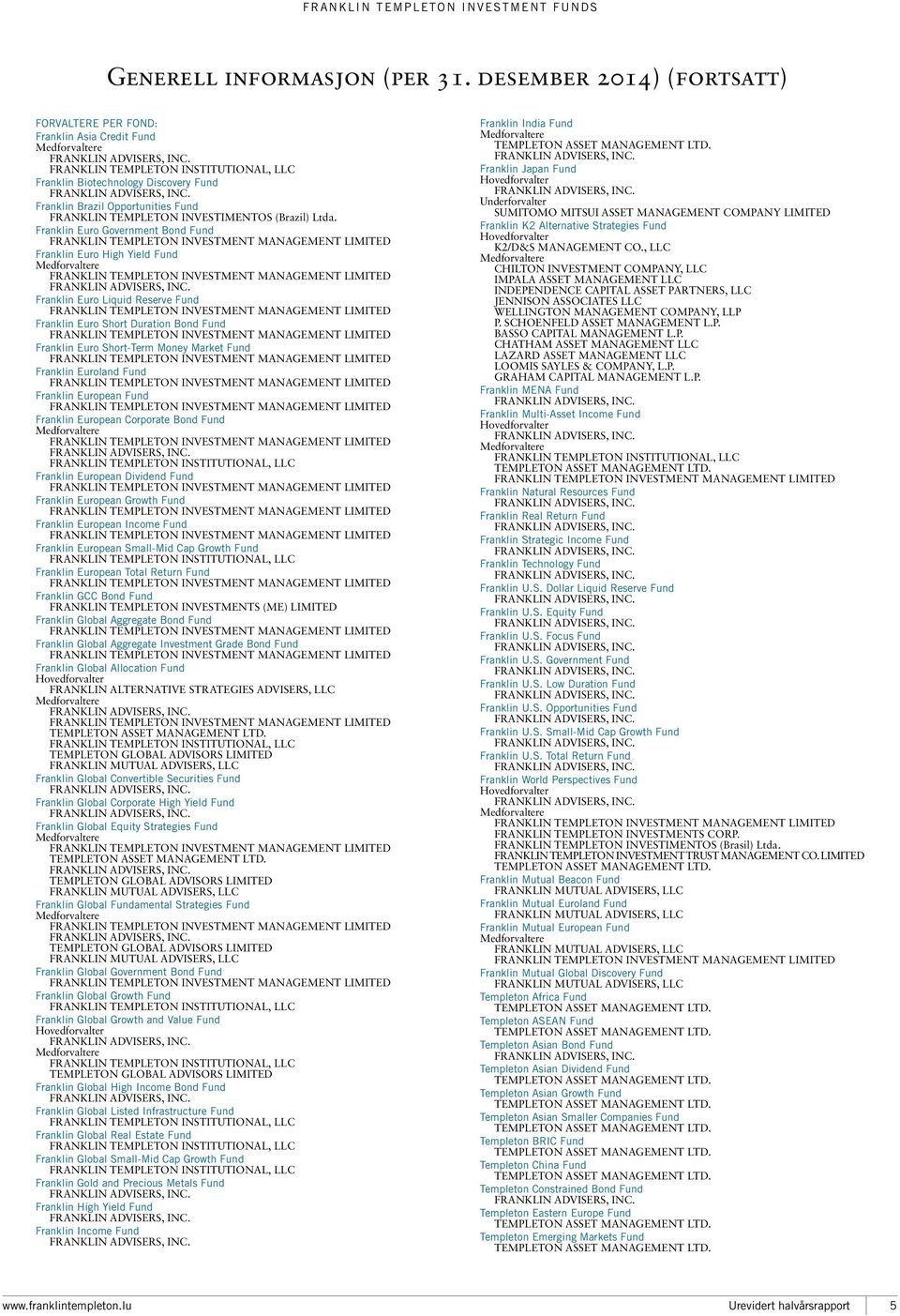 Euro Government Bond FRANKLIN TEMPLETON INVESTMENT MANAGEMENT LIMITED Euro High Yield Medforvaltere FRANKLIN TEMPLETON INVESTMENT MANAGEMENT LIMITED FRANKLIN ADVISERS, INC.