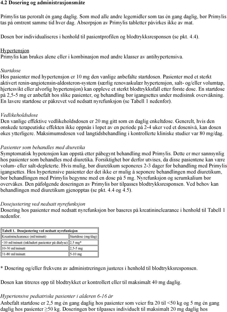 Hypertensjon Primylis kan brukes alene eller i kombinasjon med andre klasser av antihypertensiva. Startdose Hos pasienter med hypertensjon er 10 mg den vanlige anbefalte startdosen.