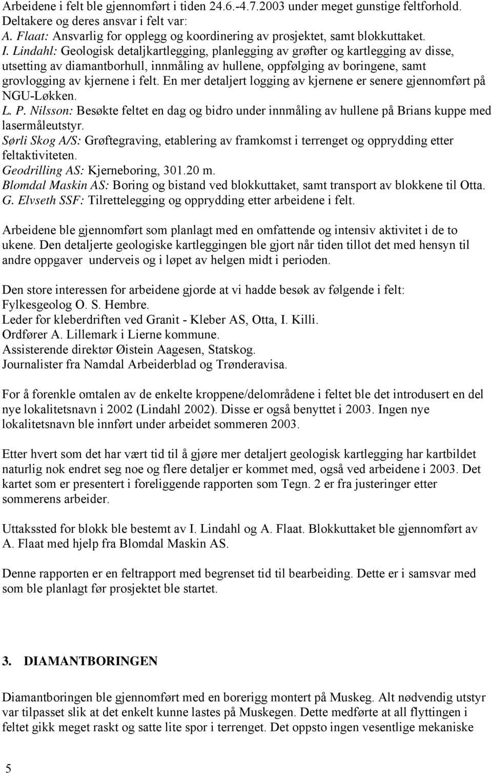 Lindahl: Geologisk detaljkartlegging, planlegging av grøfter og kartlegging av disse, utsetting av diamantborhull, innmåling av hullene, oppfølging av boringene, samt grovlogging av kjernene i felt.