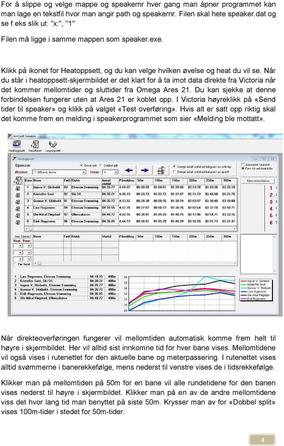 Når du står i heatoppsett-skjermbildet er det klart for å ta imot data direkte fra Victoria når det kommer mellomtider og sluttider fra Omega Ares 21.