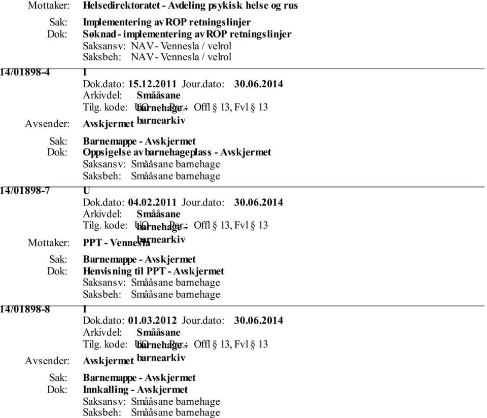 : - Offl 13, Fvl 13 barnearkiv Barnemappe - Oppsigelse av barnehageplass - Saksansv: Smååsane barnehage Saksbeh: Smååsane barnehage 14/01898-7 U Dok.dato: 04.02.2011 Jour.dato: 30.06.