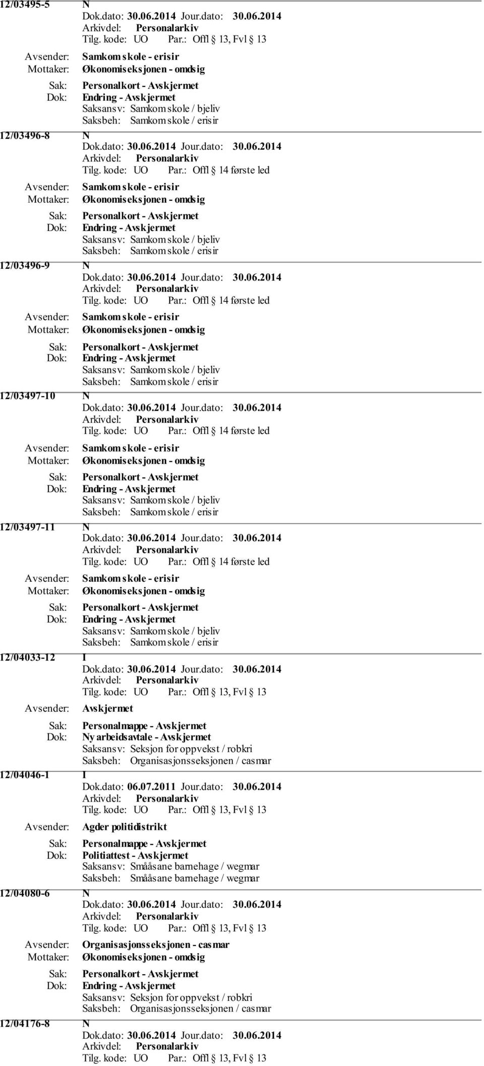 : Offl 14 første led 12/04033-12 I Personalmappe - Ny arbeidsavtale - Saksansv: Seksjon for oppvekst / robkri Saksbeh: Organisasjonsseksjonen / casmar 12/04046-1 I Dok.