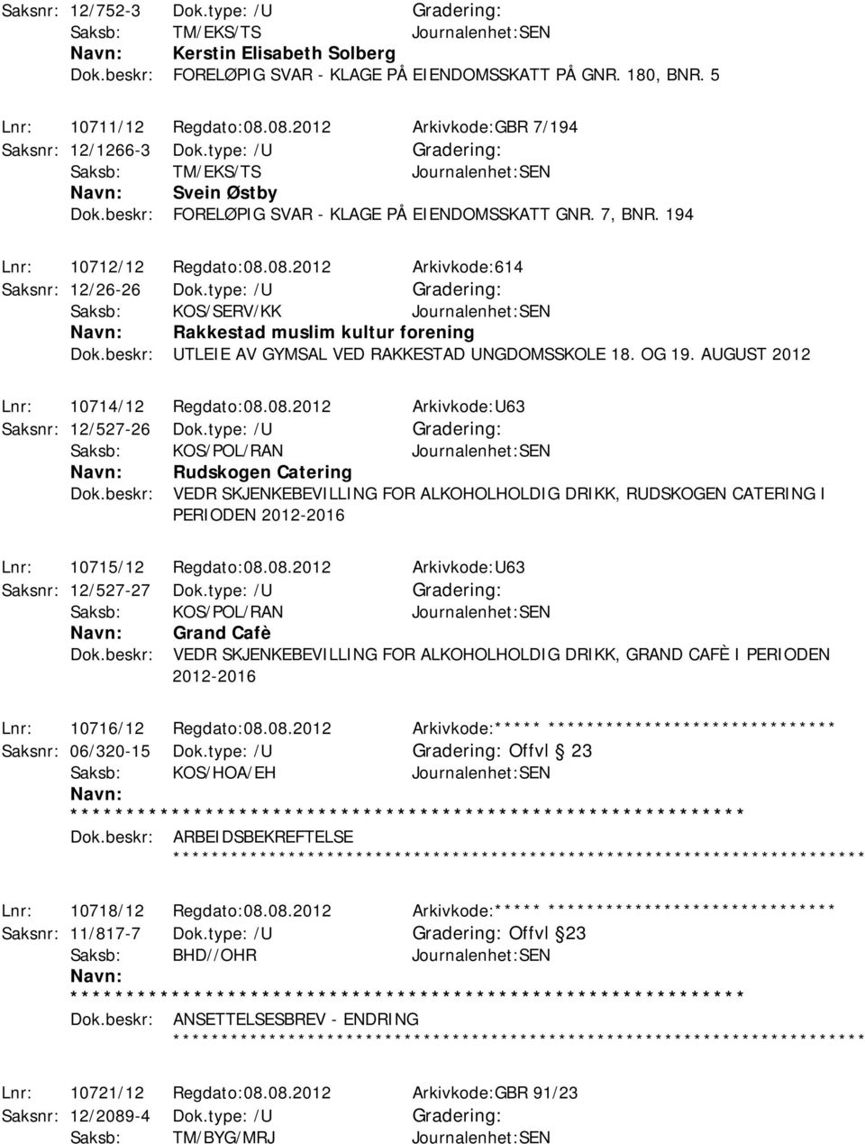 type: /U Saksb: KOS/SERV/KK Journalenhet:SEN Rakkestad muslim kultur forening Dok.beskr: UTLEIE AV GYMSAL VED RAKKESTAD UNGDOMSSKOLE 18. OG 19. AUGUST 2012 Lnr: 10714/12 Regdato:08.