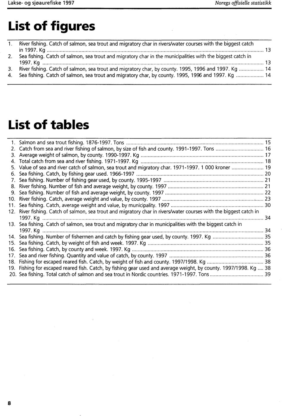 Catch of salmon, sea trout and migratory char, by county. 1995, 1996 and 1997. Kg 14 4. Sea fishing. Catch of salmon, sea trout and migratory char, by county. 1995, 1996 and 1997. Kg 14 List of tables 1.