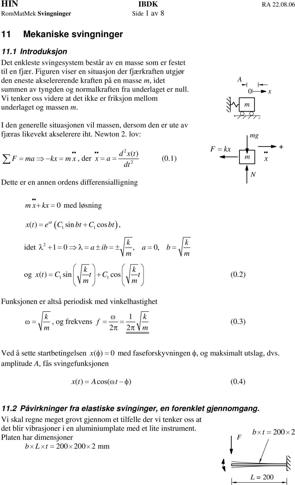 1A x I de geerelle situasjoe vil asse, derso de er ute av fjæras lievet aselerere iht. Newto. lov: g F = a x = x, der d x() t x = a = (.