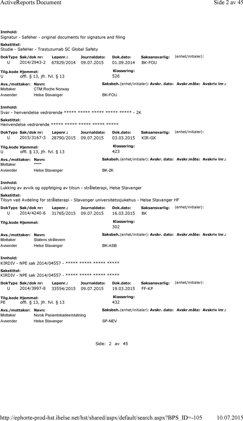 2014 BK-FO 526 Mottaker CTM Roche Norway Saksbeh. Avskr. dato: Avskr.måte: Avskriv lnr.