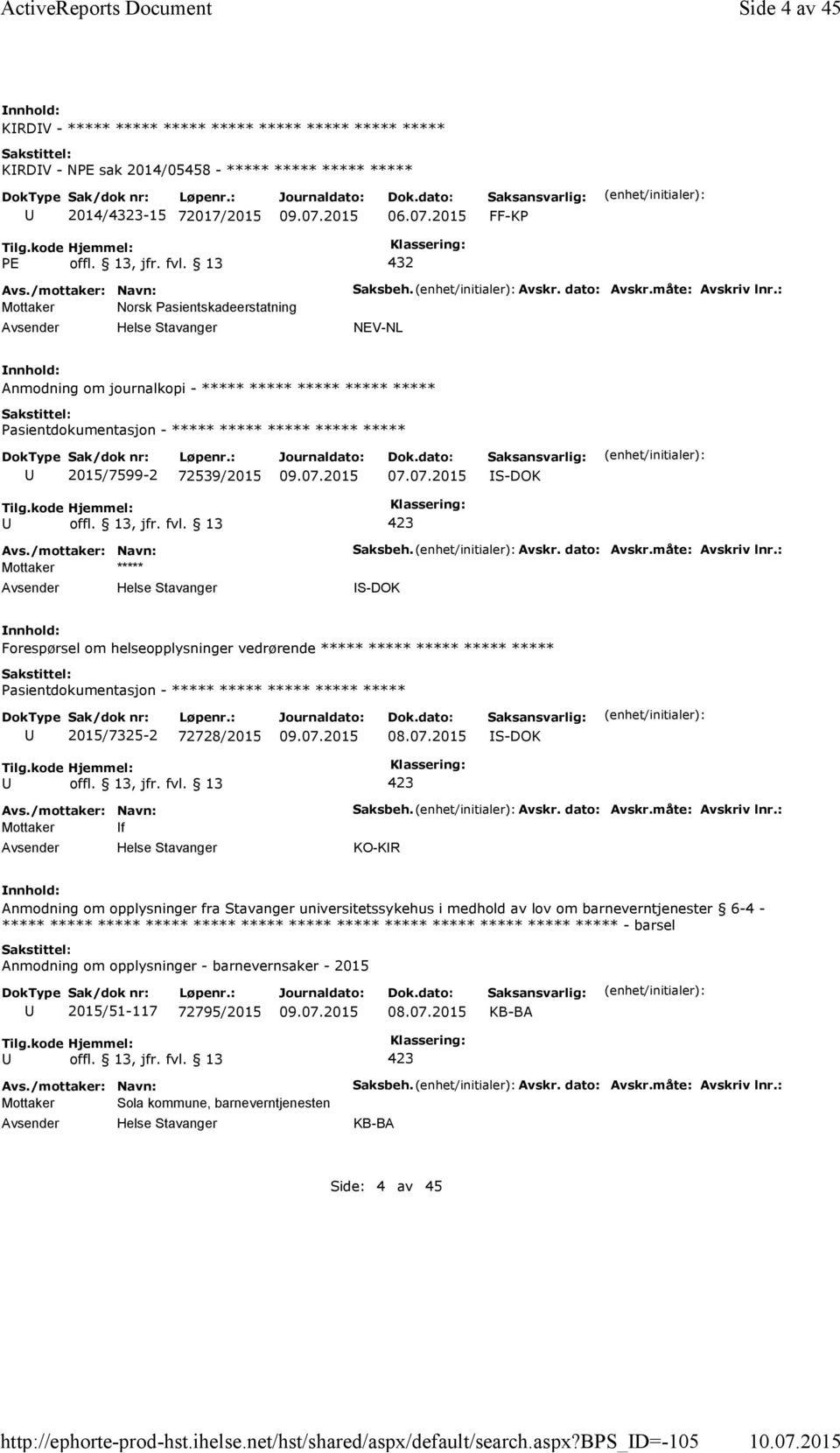 13, jfr. fvl. 13 432 Mottaker Norsk Pasientskadeerstatning Saksbeh. Avskr. dato: Avskr.måte: Avskriv lnr.: NEV-NL Anmodning om journalkopi - ***** ***** ***** ***** ***** 2015/7599-2 72539/2015 07.