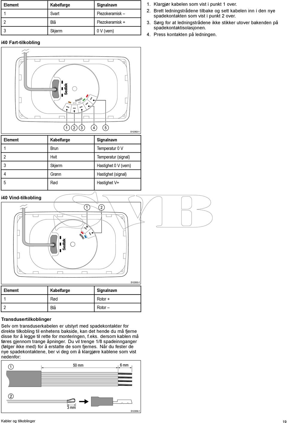 1 2 3 4 5 D12352-1 Element Kabelfarge Signalnavn 1 Brun Temperatur 0 V 2 Hvit Temperatur (signal) 3 Skjerm Hastighet 0 V (vern) 4 Grønn Hastighet (signal) 5 Rød Hastighet V+ i40 Vind-tilkobling 1 2