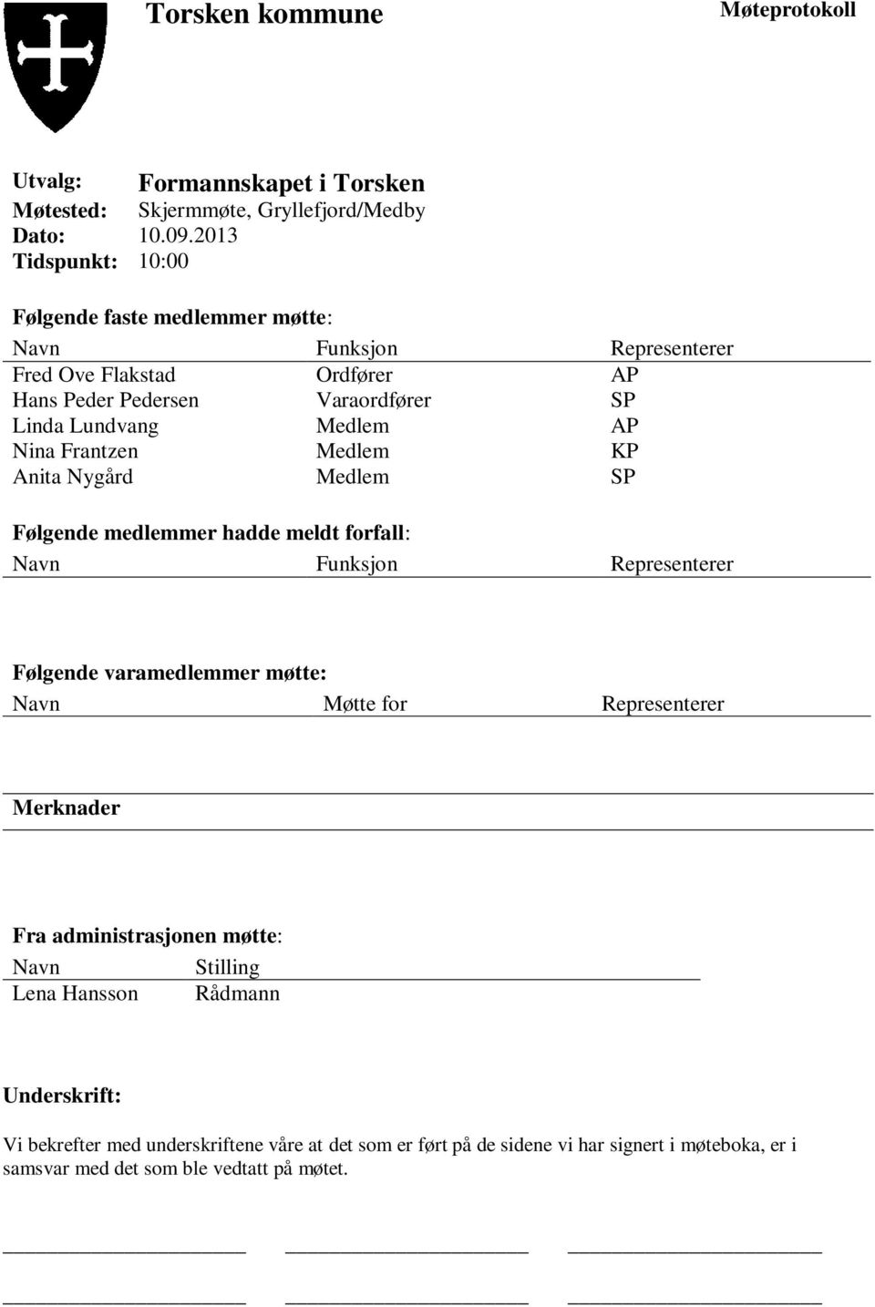 Nina Frantzen Medlem KP Anita Nygård Medlem SP Følgende medlemmer hadde meldt forfall: Navn Funksjon Representerer Følgende varamedlemmer møtte: Navn Møtte for