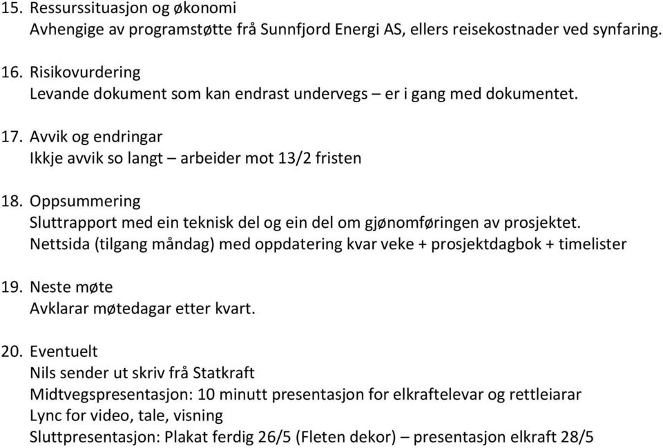 Oppsummering Sluttrapport med ein teknisk del og ein del om gjønomføringen av prosjektet. Nettsida (tilgang måndag) med oppdatering kvar veke + prosjektdagbok + timelister 19.