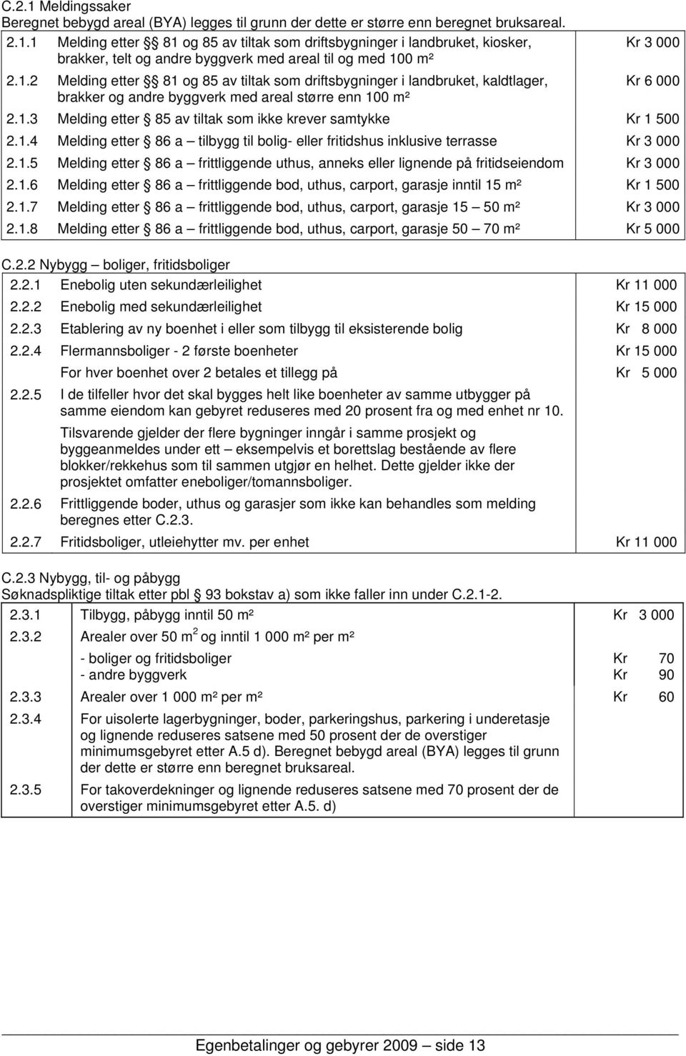 1.4 Melding etter 86 a tilbygg til bolig- eller fritidshus inklusive terrasse Kr 3 000 2.1.5 Melding etter 86 a frittliggende uthus, anneks eller lignende på fritidseiendom Kr 3 000 2.1.6 Melding etter 86 a frittliggende bod, uthus, carport, garasje inntil 15 m² Kr 1 500 2.