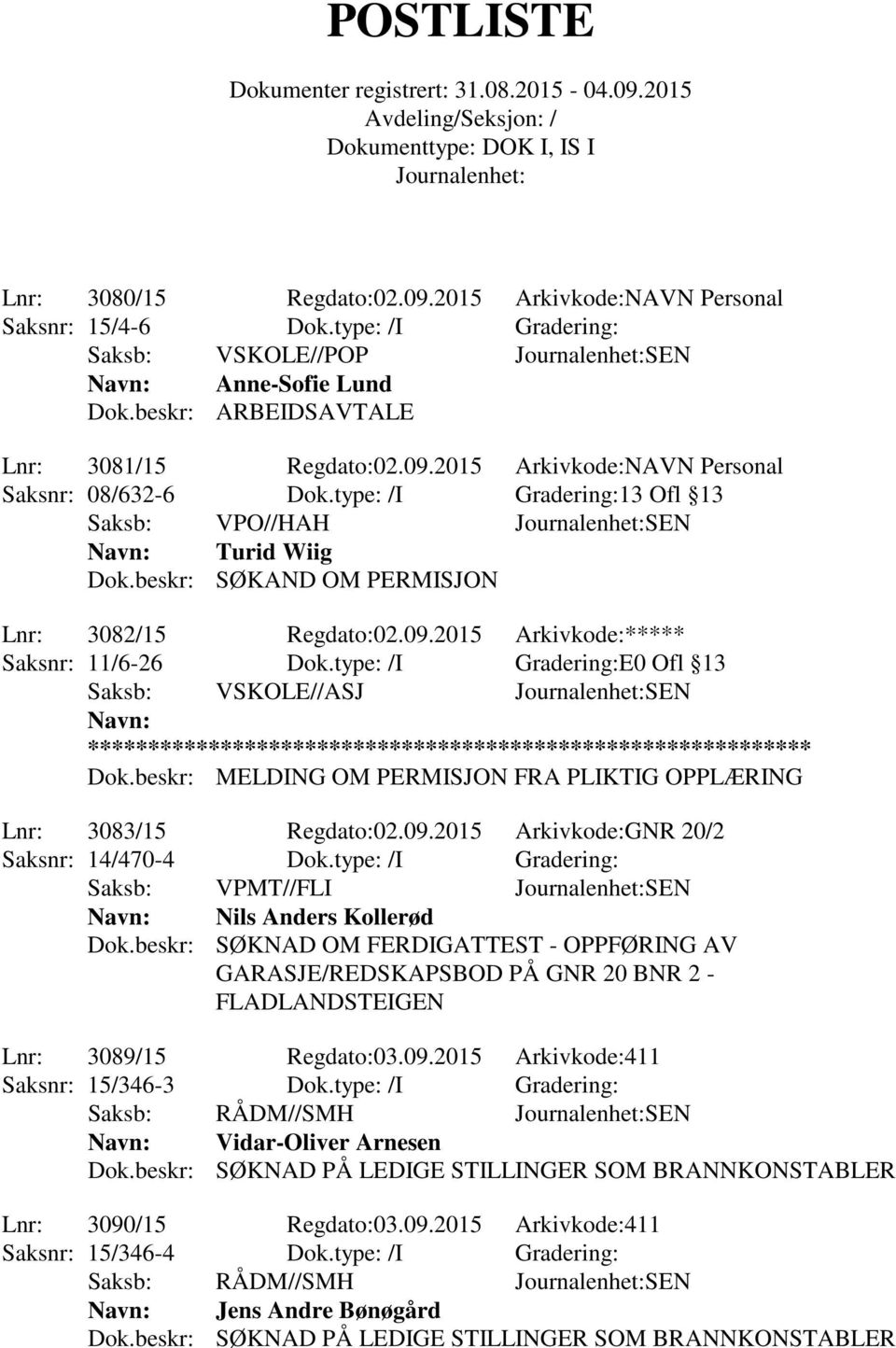 type: /I Gradering:E0 Ofl 13 Saksb: VSKOLE//ASJ SEN Dok.beskr: MELDING OM PERMISJON FRA PLIKTIG OPPLÆRING Lnr: 3083/15 Regdato:02.09.2015 Arkivkode:GNR 20/2 Saksnr: 14/470-4 Dok.