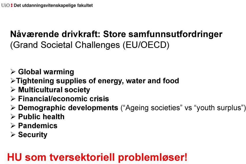 Multicultural society Financial/economic crisis Demographic developments ( Ageing