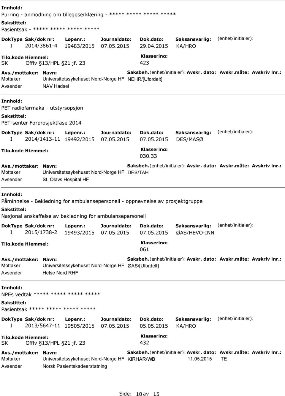 /mottaker: Navn: Saksbeh. Avskr. dato: Avskr.måte: Avskriv lnr.: Mottaker niversitetssykehuset Nord-Norge HF DES/TAH St.