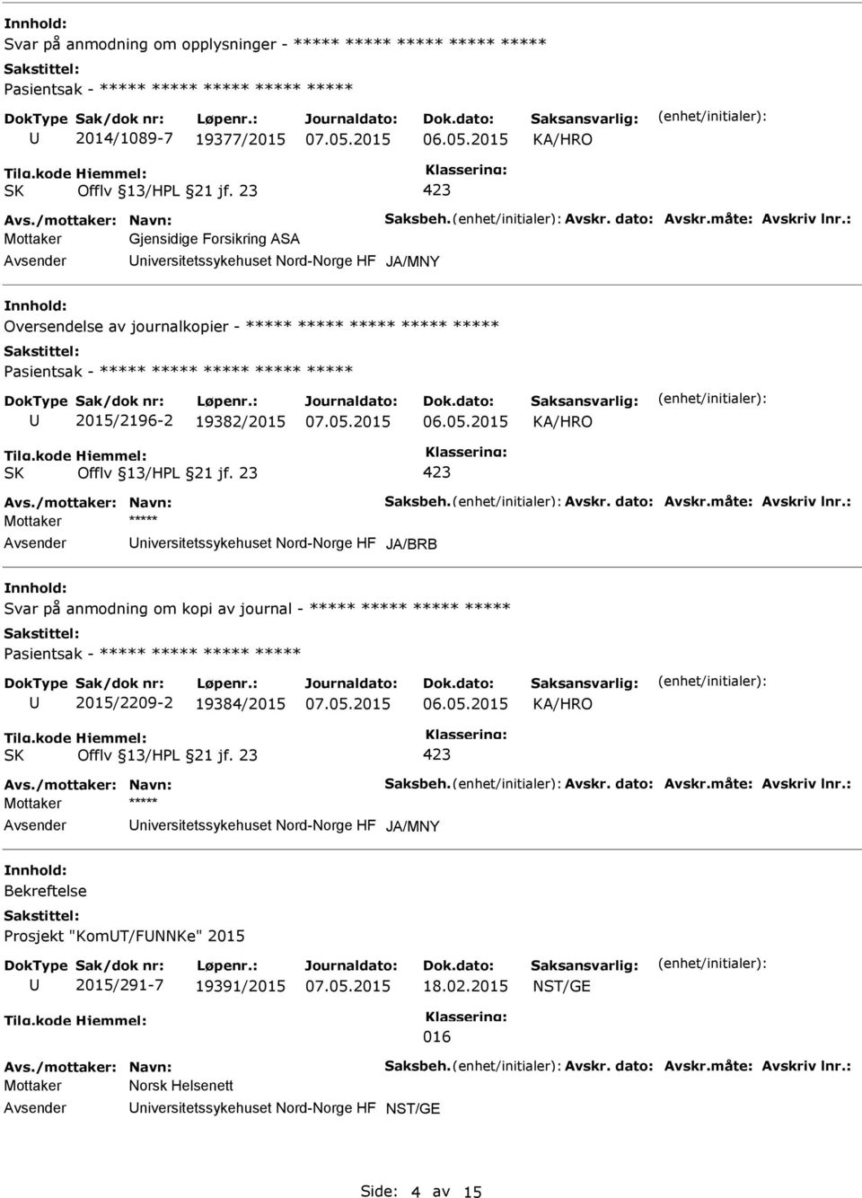 Avskr. dato: Avskr.måte: Avskriv lnr.: Mottaker ***** niversitetssykehuset Nord-Norge HF JA/BRB Svar på anmodning om kopi av journal - ***** ***** ***** ***** 2015/2209-2 19384/2015 Avs.