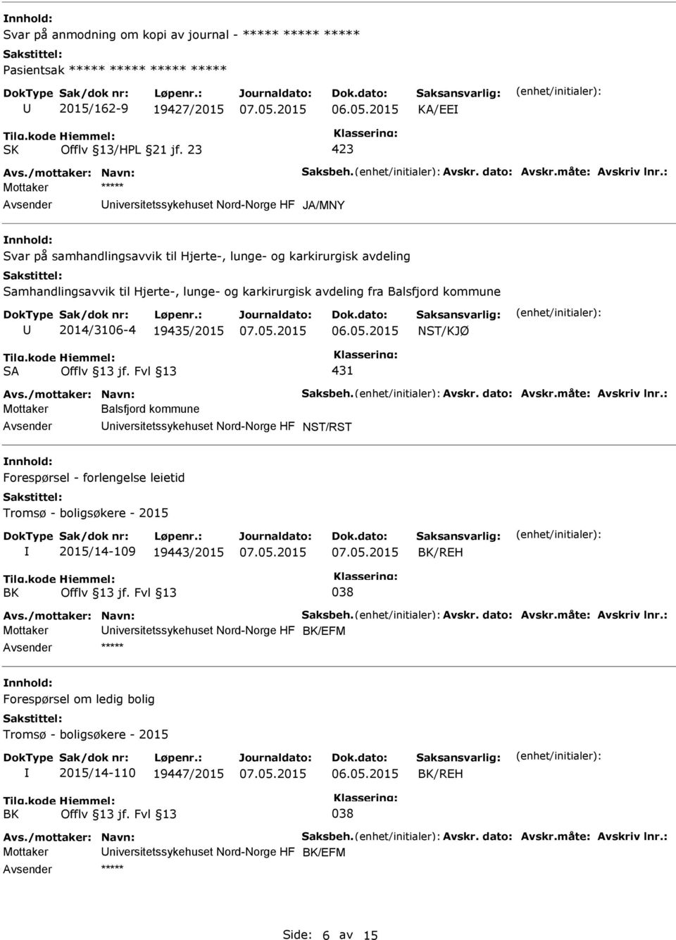 Balsfjord kommune 2014/3106-4 19435/2015 NST/KJØ SA 431 Avs./mottaker: Navn: Saksbeh. Avskr. dato: Avskr.måte: Avskriv lnr.