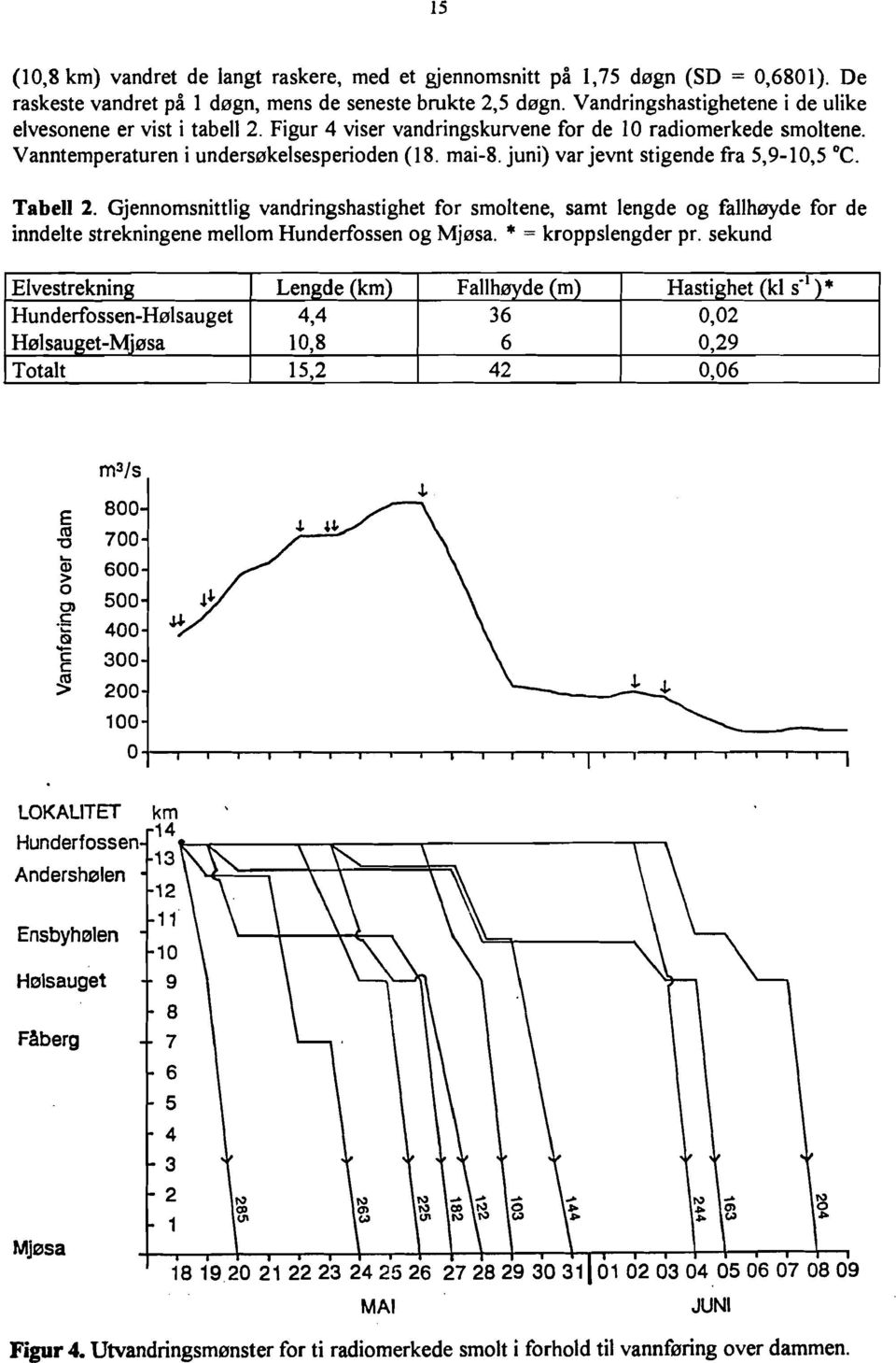 juni) var jevnt stigende fra 5,9-10,5 De. Tabell 2. Gjennomsnittlig vandringshastighet for smoltene, samt lengde og fallhøyde for de inndelte strekningene mellom Hunderfossen og Mjøsa.