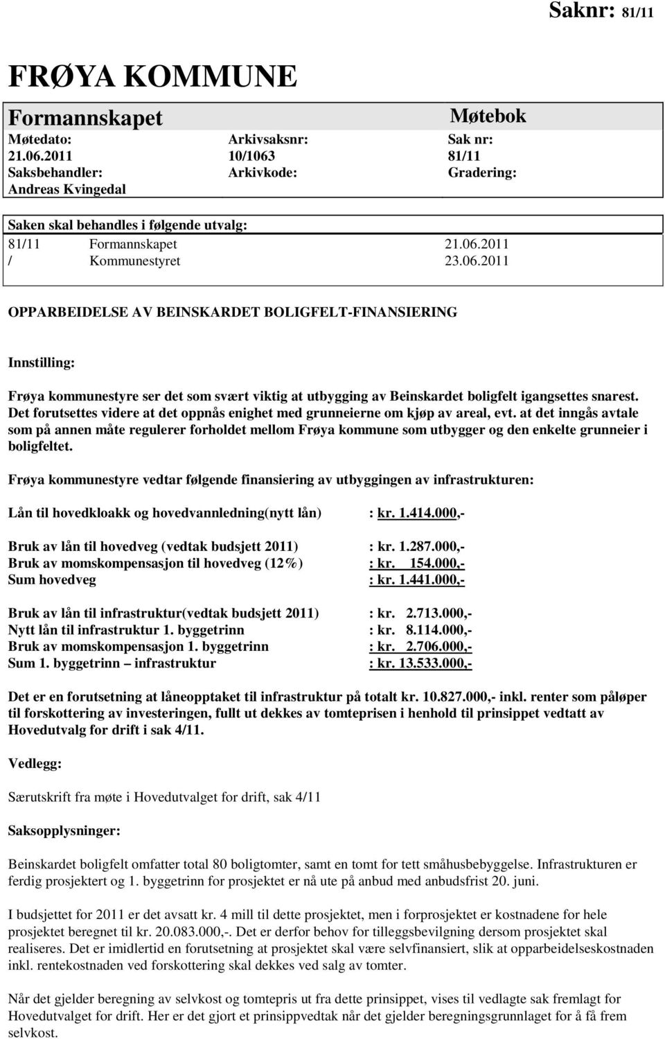 2011 OPPARBEIDELSE AV BEINSKARDET BOLIGFELT-FINANSIERING Innstilling: Frøya kommunestyre ser det som svært viktig at utbygging av Beinskardet boligfelt igangsettes snarest.