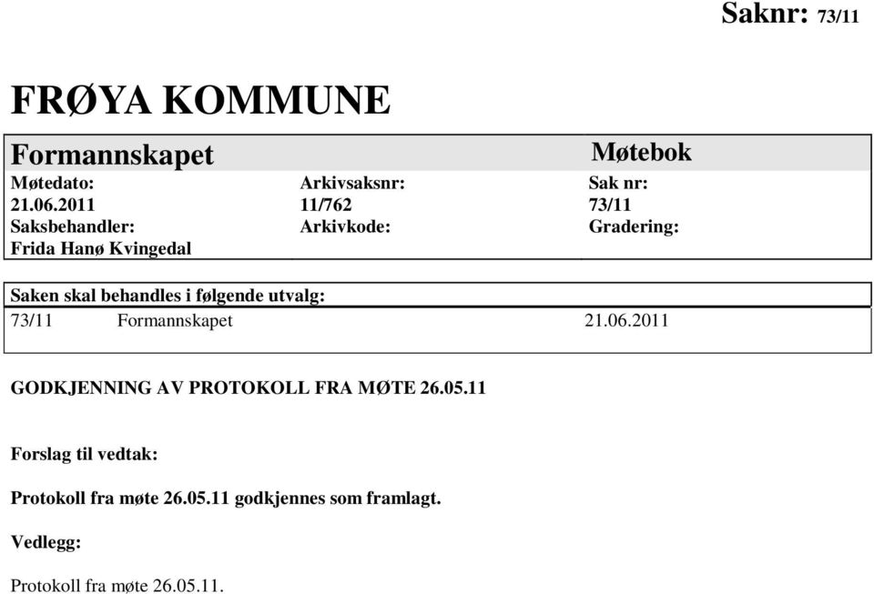 11 Forslag til vedtak: Protokoll fra møte 26.05.