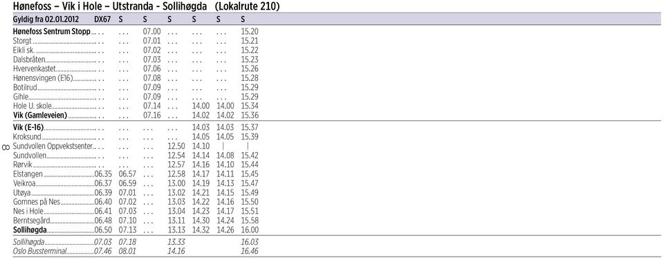 ....... 07.09......... 15.29 Hole U. skole........ 07.14... 14.00 14.00 15.34 Vik (Gamleveien)........ 07.16... 14.02 14.02 15.36 Vik (E-16).............. 14.03 14.03 15.37 Kroksund.............. 14.05 14.