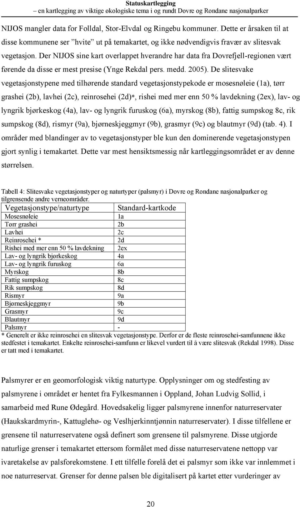 De slitesvake vegetasjostypee med tilhørede stadard vegetasjostypekode er mosesøleie (1a), tørr grashei (2b), lavhei (2c), reirosehei (2d)*, rishei med mer e 50 % lavdekig (2ex), lav- og lygrik