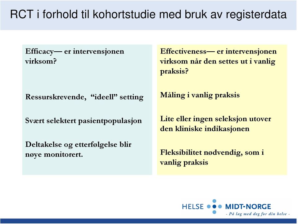 Ressurskrevende, ideell setting Svært selektert pasientpopulasjon Deltakelse og etterfølgelse blir nøye