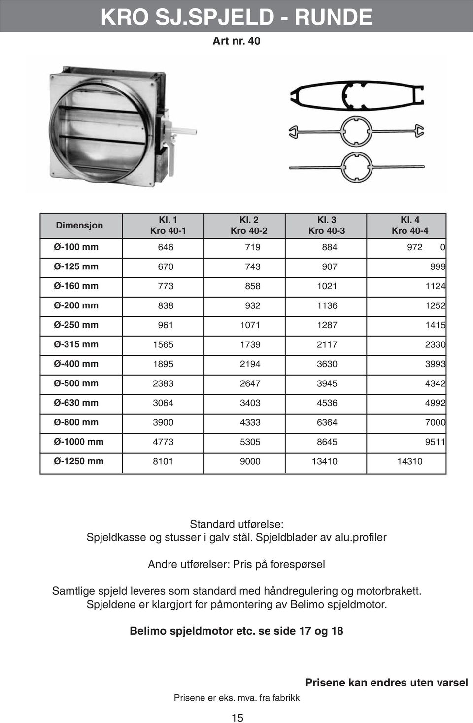 3064 3403 4536 4992 3900 4333 6364 7000 4773 5305 8645 9511 8101 9000 13410 14310 Standard utførelse: Spjeldkasse og stusser i galv stål. Spjeldblader av alu.