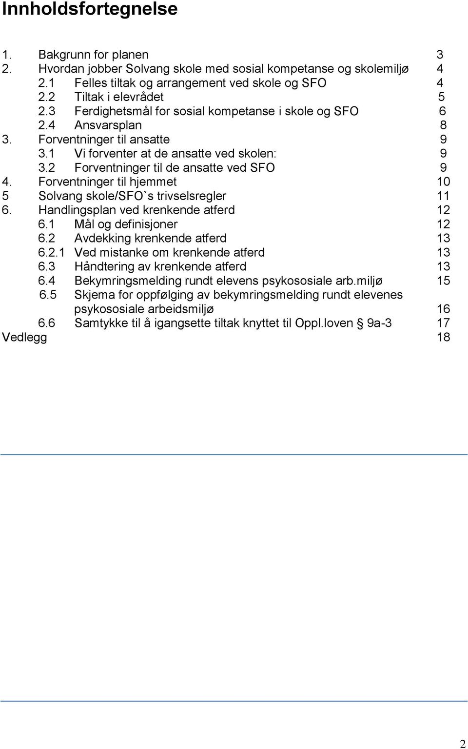 Forventninger til hjemmet 10 5 Solvang skole/sfo`s trivselsregler 11 6. Handlingsplan ved krenkende atferd 12 6.1 Mål og definisjoner 12 6.2 Avdekking krenkende atferd 13 6.2.1 Ved mistanke om krenkende atferd 13 6.