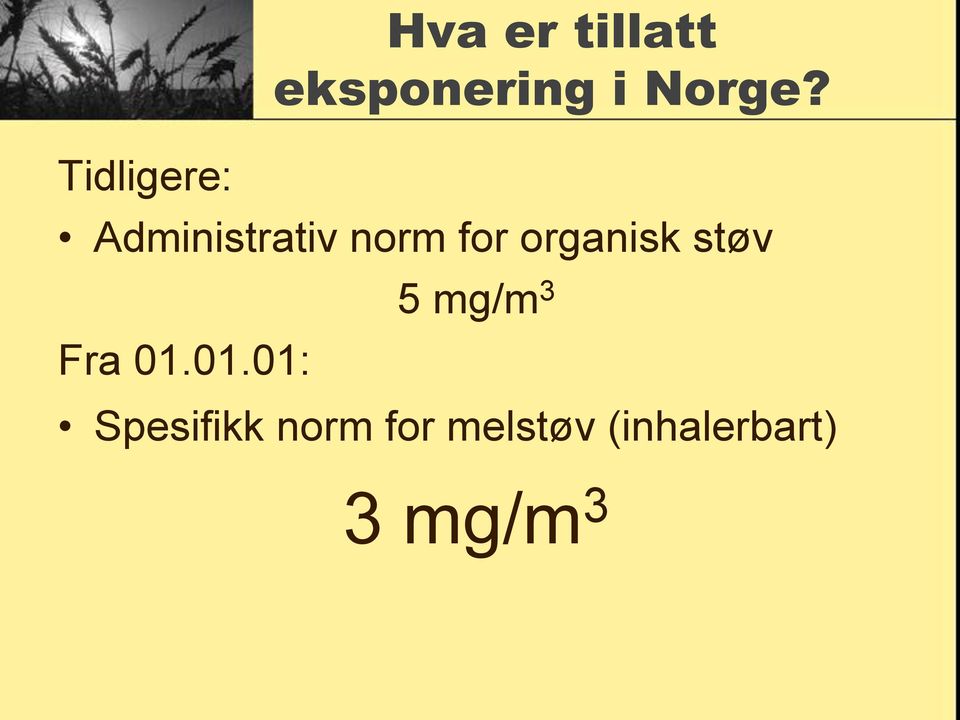 organisk støv 5 mg/m 3 Fra 01.