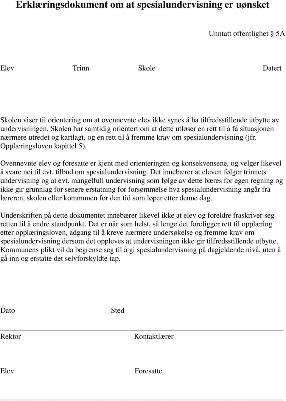 Opplæringsloven kapittel 5). Ovennevnte elev og foresatte er kjent med orienteringen og konsekvensene, og velger likevel å svare nei til evt. tilbud om spesialundervisning.