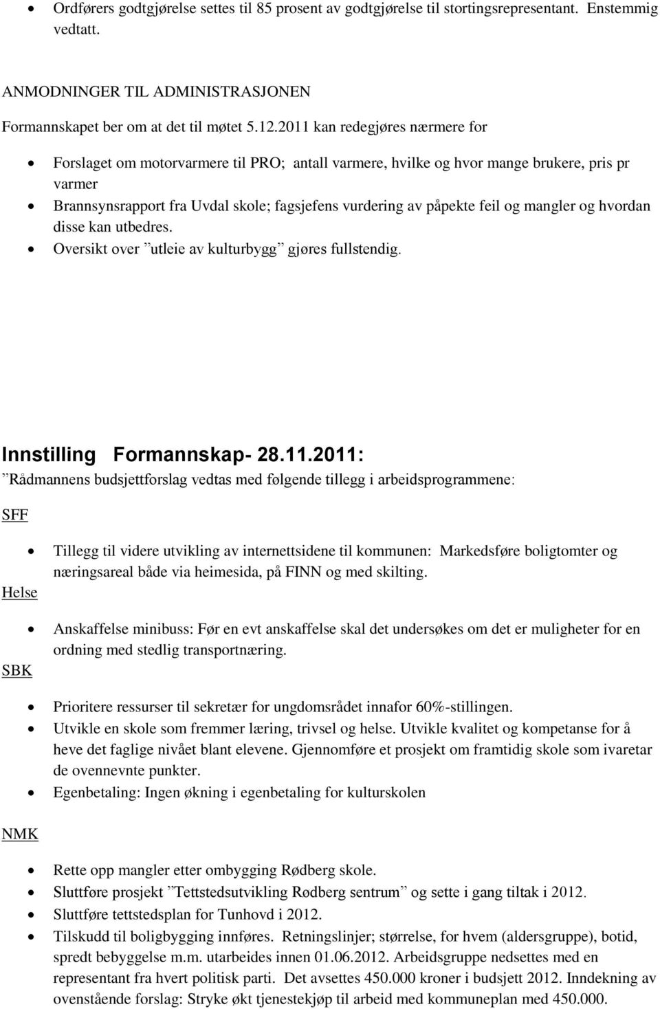 og mangler og hvordan disse kan utbedres. Oversikt over utleie av kulturbygg gjøres fullstendig. Innstilling Formannskap- 28.11.