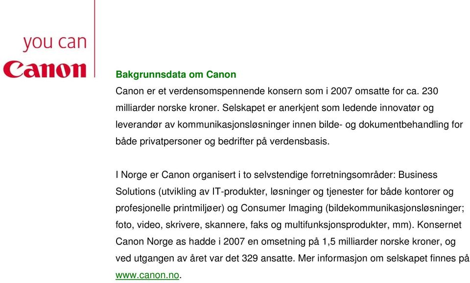 I Norge er Canon organisert i to selvstendige forretningsområder: Business Solutions (utvikling av IT-produkter, løsninger og tjenester for både kontorer og profesjonelle printmiljøer) og