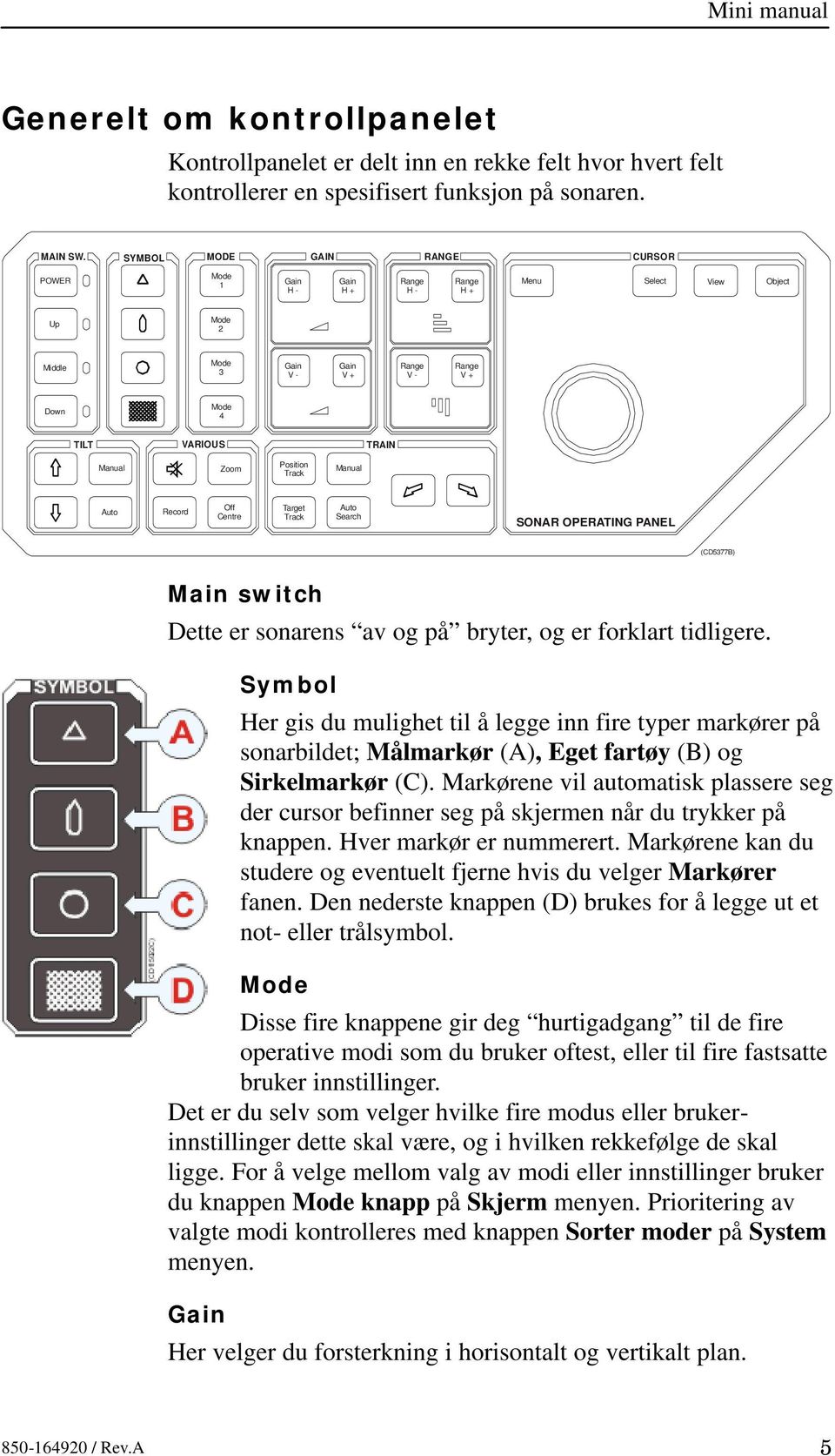 Manual Zoom Position Track Manual Auto Record Off Centre Target Track Auto Search SONAR OPERATING PANEL (CD5377B) Main switch Dette er sonarens av og på bryter, og er forklart tidligere.