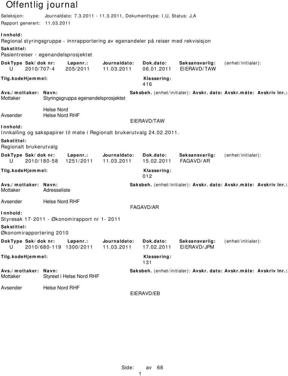 02.2011. Regionalt brukerutvalg U 2010/180-58 1251/2011 11.03.2011 15.02.2011 FAGAVD/AR 012 Mottaker Adresseliste Styresak 17-2011 - Økonomirapport nr 1-2011 Økonomirapportering 2010 FAGAVD/AR U 2010/680-119 1300/2011 11.